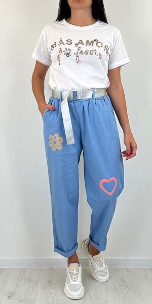 DOLI spodnie luźne  BOYFRIENDY z kwiatem błękitny
