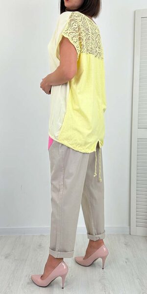 SIMI BLUZKA oversize pastelowa cytryna  z koronką