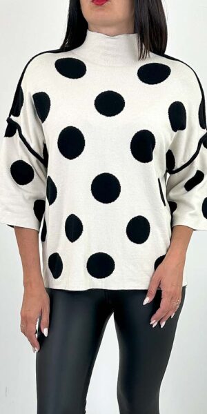 DIVA SWETER Z golfem w grochy biały