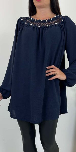BLUZKA TUNIKA OHRA granatowa ozdobne perełki i koronka