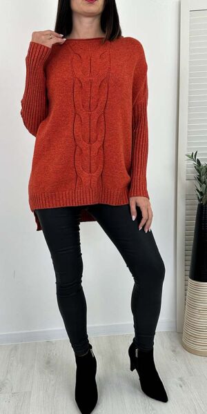 SWETER ELORA z warkoczem oversize ceglany