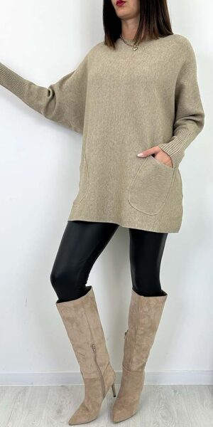 SWETER LIMAGO beżowy oversize z kieszeniami