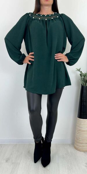 BLUZKA TUNIKA OHRA butelkowa zieleń ozdobne perełki i koronka