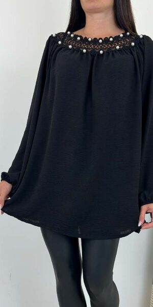 BLUZKA TUNIKA OHRA czarna ozdobne perełki i koronka