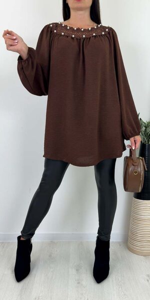 BLUZKA TUNIKA OHRA czekolada ozdobne perełki i koronka