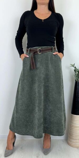 CLARA SPÓDNICA sztruksowa khaki ciepła jesienna