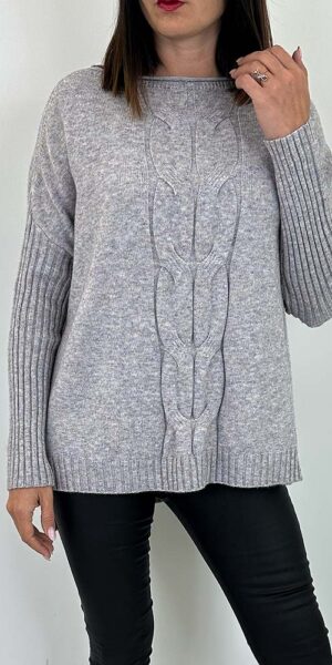 SWETER ELORA z warkoczem oversize szary