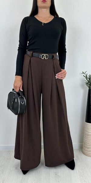 SZWEDY SPODNIE SZEROKIE  z paskiem czekolada