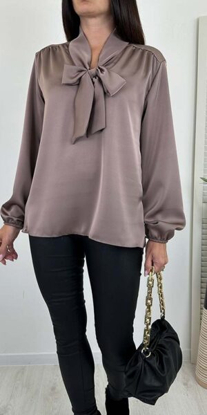 BLUZKA AMELIA satynowa z kokardką mokka , taupe