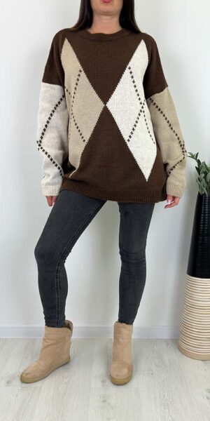 ELENA SWETER W ROMBY okrągły dekolt czekolada