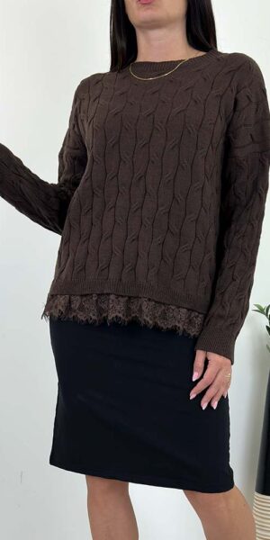 TOMMI SWETER w warkocze z koronką czekoladowy