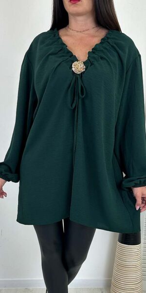 BLUZKA TUNIKA TANIA ze złotą broszką butelkowa zieleń