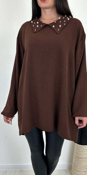 SORAYA BLUZKA TUNIKA Z PEREŁKAMI CZEKOLADOWA