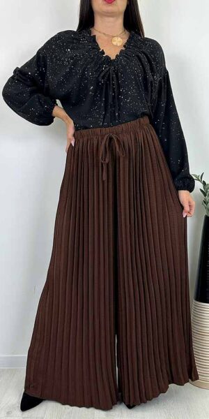 PALAZZO SPODNIE szerokie plisowane plus size czekolada