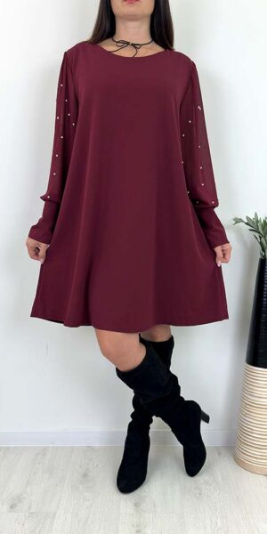 SUKIENKA SUZI bordowa trapezowa perełki na rękawach