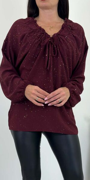 SPARK BLUZKA połyskiem i wiązaniem bordowa