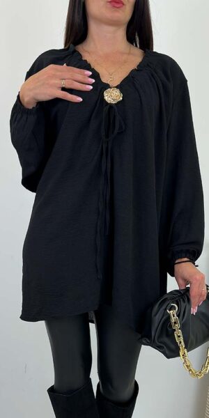 BLUZKA TUNIKA TANIA ze złotą broszką czarna