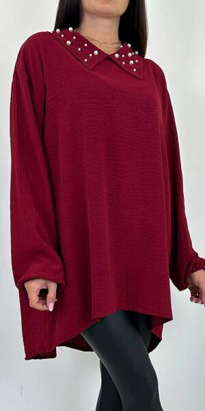 SORAYA BLUZKA TUNIKA Z PEREŁKAMI bordowa