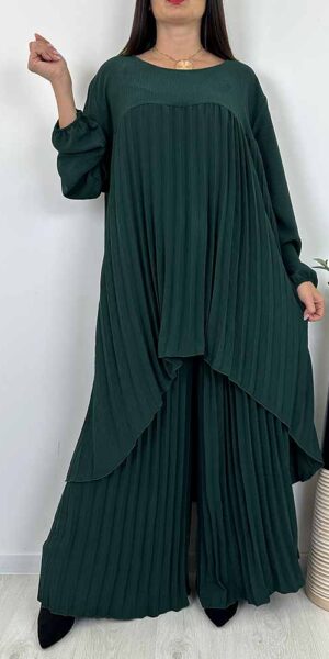 KOMPLET JADORE plisowany spodnie i tunika plus size butelkowa zieleń