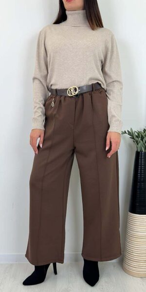 RICO  SPODNIE SZEROKIE  z paskiem czekolada