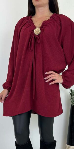 BLUZKA TUNIKA TANIA ze złotą broszką bordowa