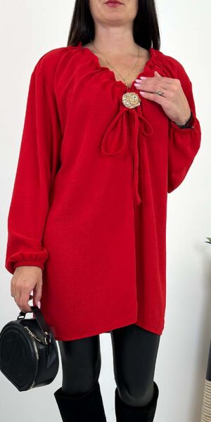 BLUZKA TUNIKA TANIA ze złotą broszką czerwona