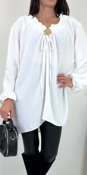 BLUZKA TUNIKA TANIA ze złotą broszką biała