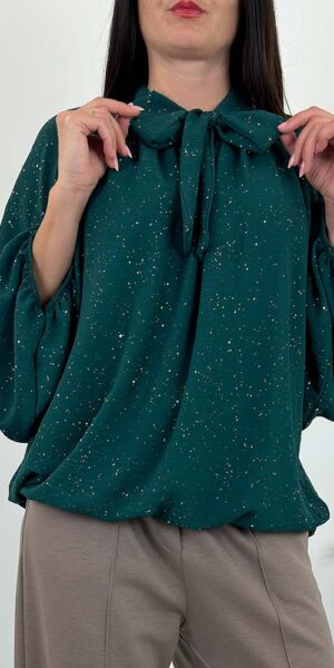 BLUZKA ROSA błyszcząca z kokardką butelkowa zieleń