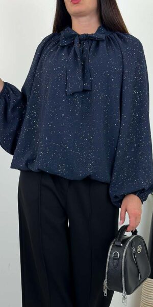 BLUZKA ROSA błyszcząca z kokardką granatowa