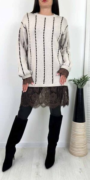 LINA TUNIKA SWETERKOWA – z koronką beżowa