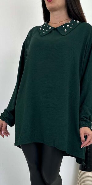 SORAYA BLUZKA TUNIKA Z PEREŁKAMI butelkowa zieleń
