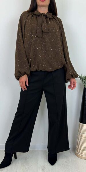 BLUZKA ROSA błyszcząca z kokardką czekoladowa