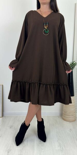 RIMI Sukienka PLUS SIZE z  falbanka czekolada