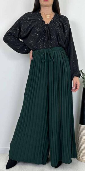 PALAZZO SPODNIE szerokie plisowane plus size butelkowa zieleń