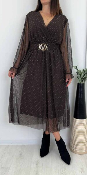 Sukienka Dalia siateczkowa z drobnymi cekinami czekoladowa