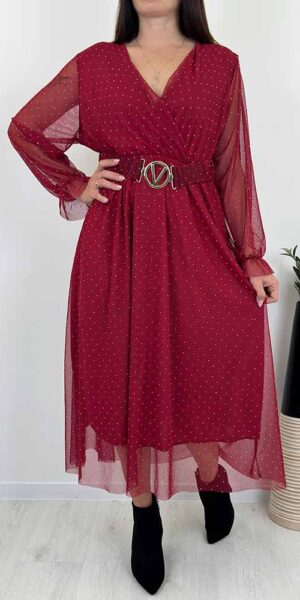 Sukienka Dalia siateczkowa z drobnymi cekinami bordowa