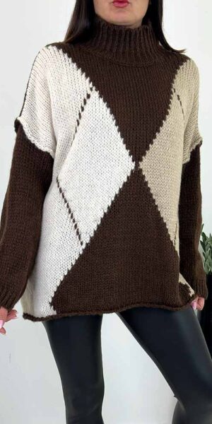 ARDEN SWETER W ROMBY Z GOLFEM CZEKOLADA