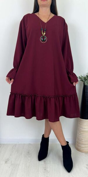 RIMI Sukienka PLUS SIZE z  falbanka bordo