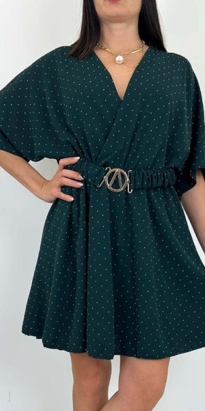 KOMBINEZON PERŁA w drobne cekiny z paskiem butelkowa zieleń