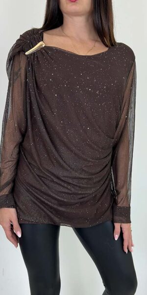 ANNY  bluzka z marszczeniami i połyskiem czekolada