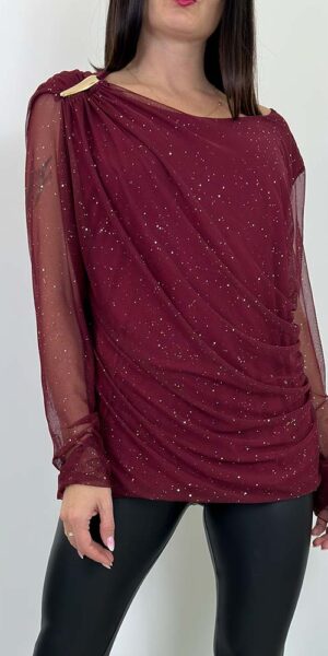 ANNY  bluzka z marszczeniami i połyskiem bordowa