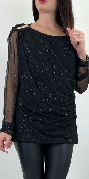 ANNY  bluzka z marszczeniami i połyskiem czarna