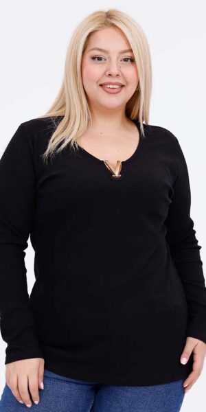 BLUZKA VERO sweterek czarna prążek, elastyczna, z ozdobnym dekoltem