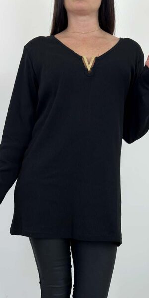 BLUZKA VERO sweterek czarna prążek, elastyczna, z ozdobny dekolt