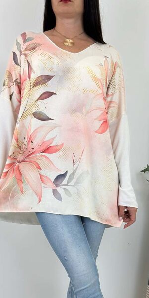SWETEREK SANDRA w kwiaty KORAL plus size