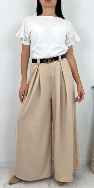 SZWEDY SPODNIE SZEROKIE z paskiem beżowe