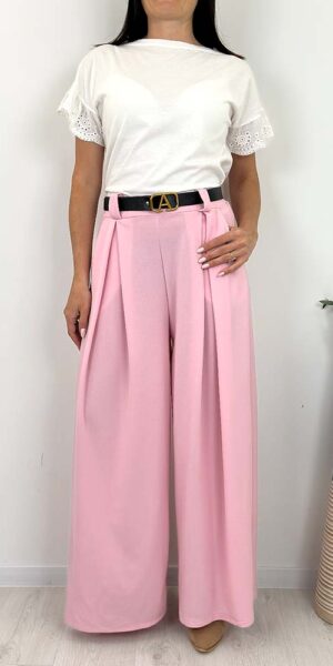 SZWEDY SPODNIE SZEROKIE z paskiem pudrowe