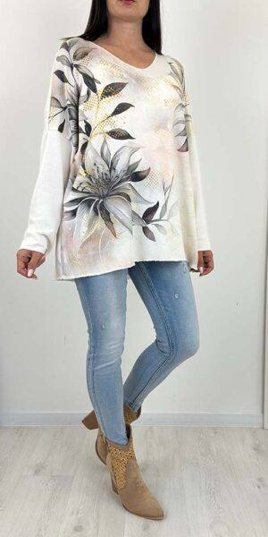 SWETEREK SANDRA w kwiaty szary plus size