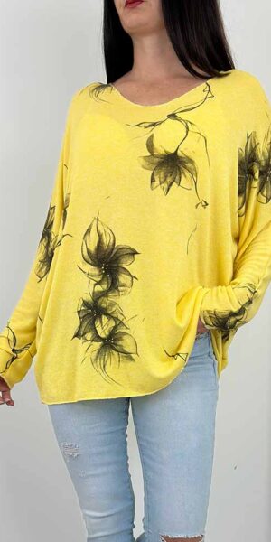 SWETEREK LINDA w kwiaty nietoperz żółty
