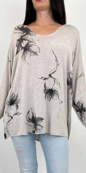 SWETEREK LINDA w kwiaty nietoperz BEŻOWY